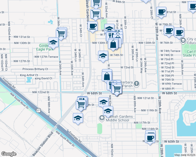map of restaurants, bars, coffee shops, grocery stores, and more near 3253 West 70th Terrace in Hialeah