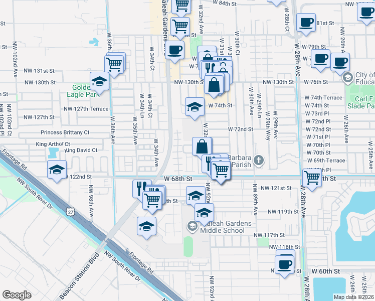 map of restaurants, bars, coffee shops, grocery stores, and more near 3253 West 70th Terrace in Hialeah