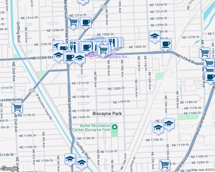 map of restaurants, bars, coffee shops, grocery stores, and more near 849 Northeast 121st Street in North Miami