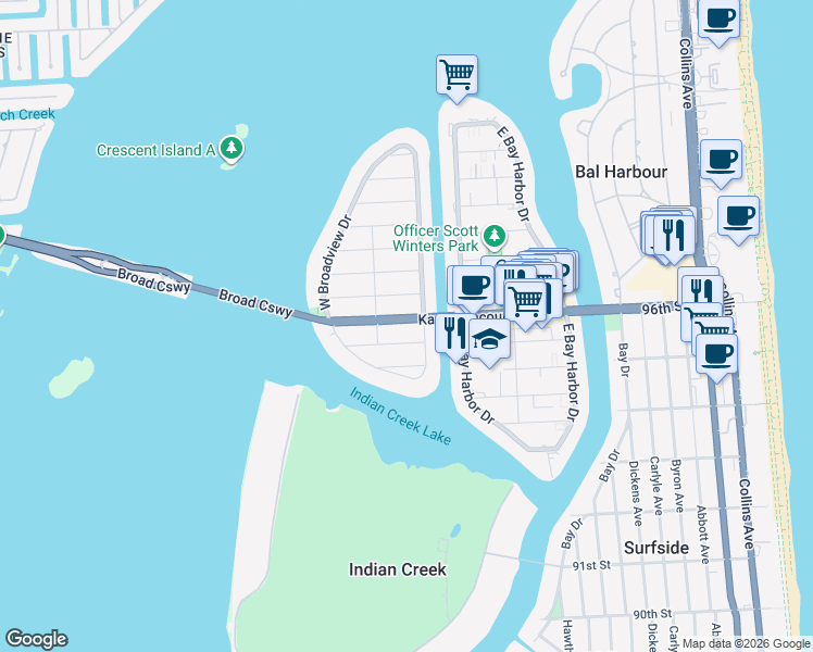 map of restaurants, bars, coffee shops, grocery stores, and more near 1260 97th Street in Bay Harbor Islands
