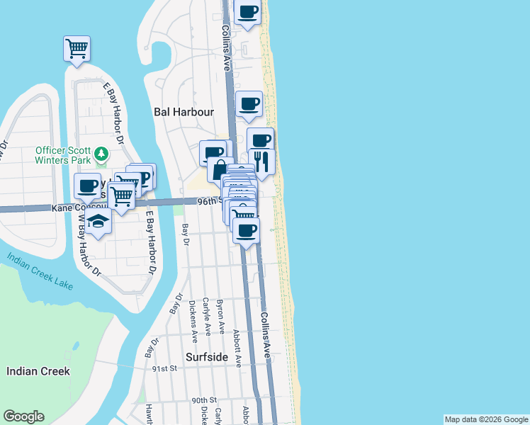 map of restaurants, bars, coffee shops, grocery stores, and more near in Bal Harbour