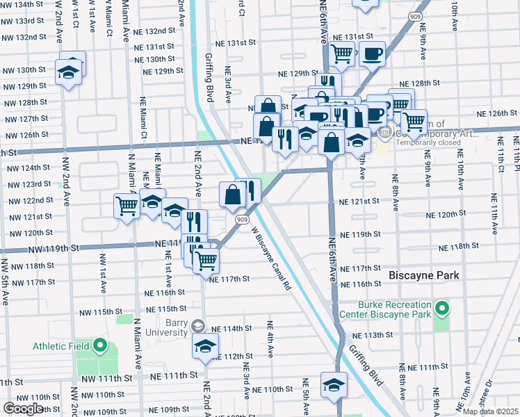map of restaurants, bars, coffee shops, grocery stores, and more near 12101 Griffing Boulevard in North Miami