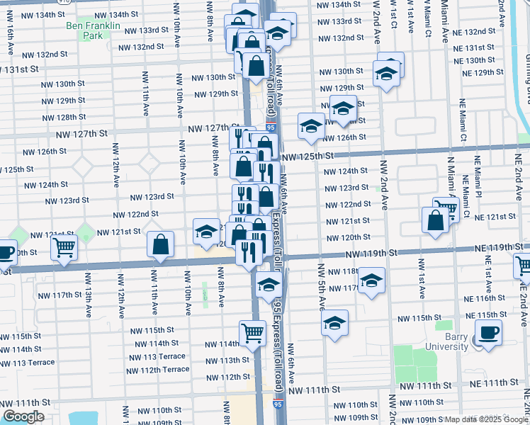 map of restaurants, bars, coffee shops, grocery stores, and more near 650 Northwest 123rd Street in North Miami