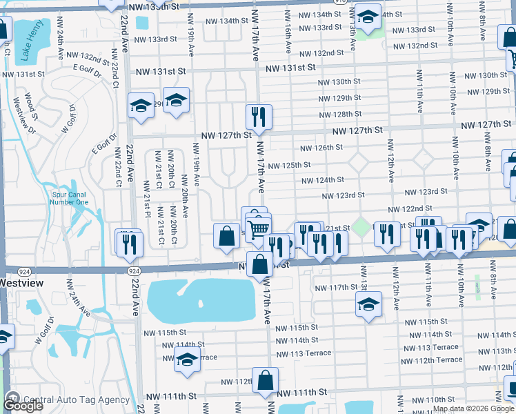 map of restaurants, bars, coffee shops, grocery stores, and more near 12315 Northwest 17th Court in Miami