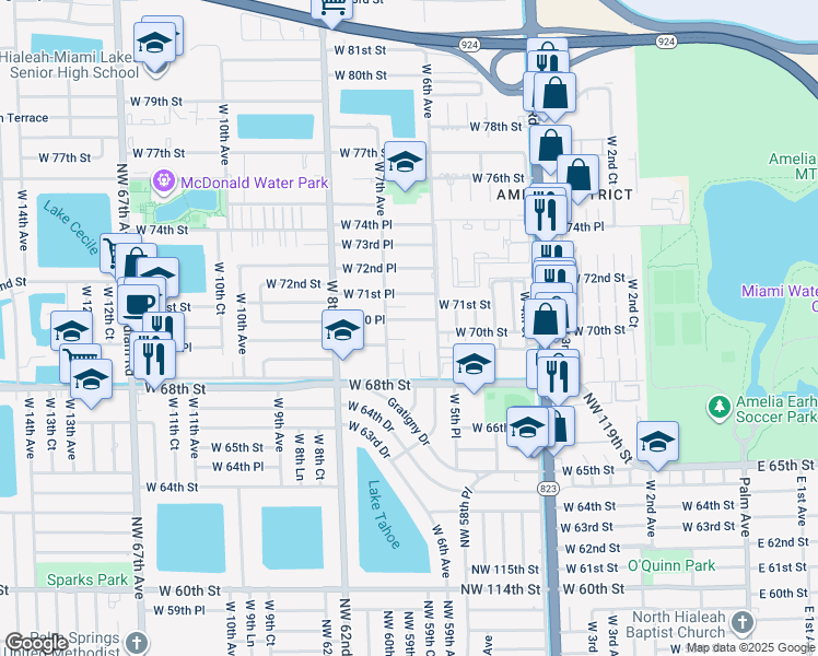 map of restaurants, bars, coffee shops, grocery stores, and more near 655 West 70 Place in Hialeah