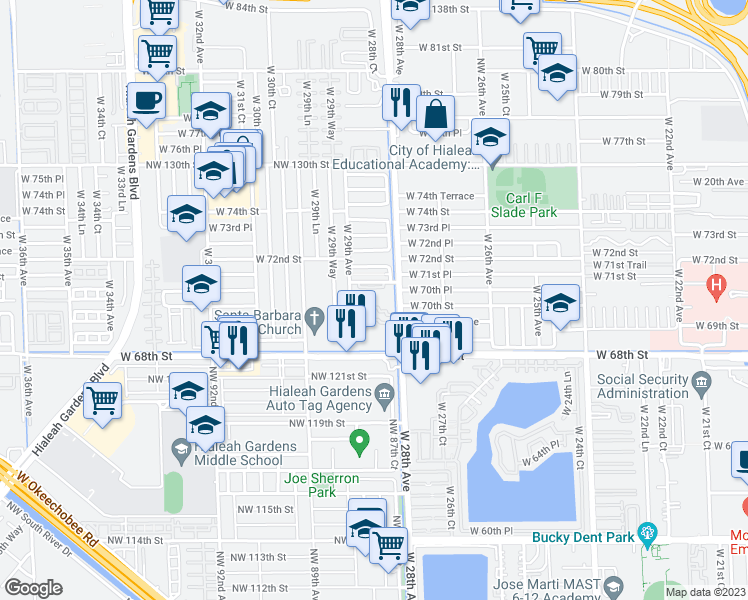 map of restaurants, bars, coffee shops, grocery stores, and more near 2890 West 71st Street in Hialeah