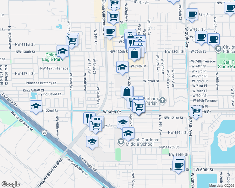 map of restaurants, bars, coffee shops, grocery stores, and more near 3253 West 70th Terrace in Hialeah
