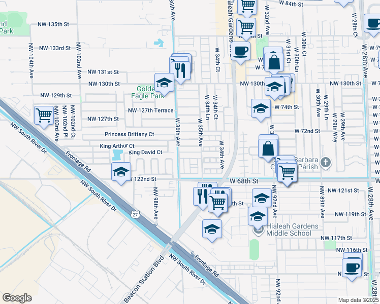 map of restaurants, bars, coffee shops, grocery stores, and more near 3558 West 71 Terrace in Hialeah