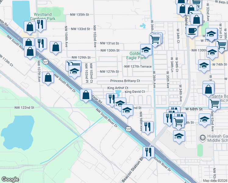 map of restaurants, bars, coffee shops, grocery stores, and more near 345 Prince Michael Court in Hialeah Gardens