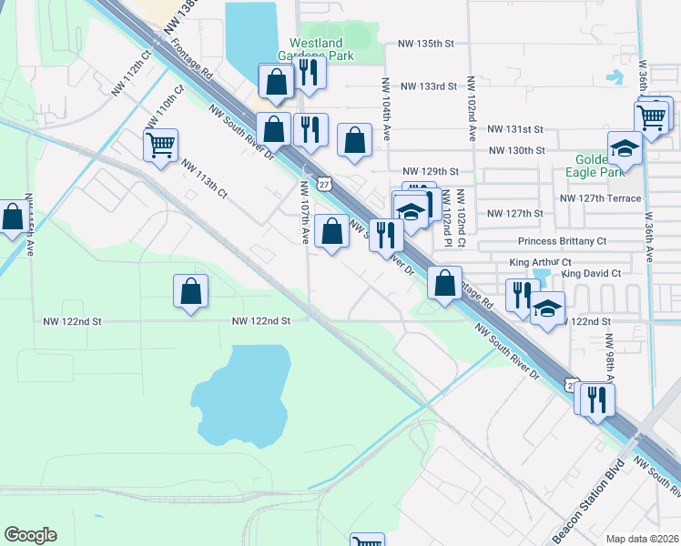 map of restaurants, bars, coffee shops, grocery stores, and more near 10665 Northwest 123rd Street Road in Medley