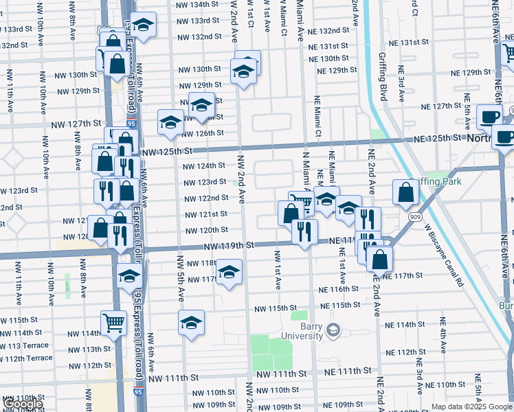 map of restaurants, bars, coffee shops, grocery stores, and more near 170 Northwest 122nd Street in North Miami