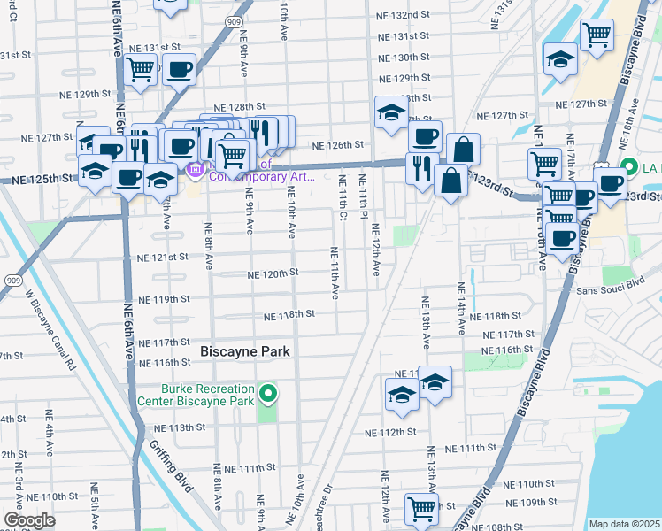 map of restaurants, bars, coffee shops, grocery stores, and more near 1070 Northeast 121st Street in Biscayne Park