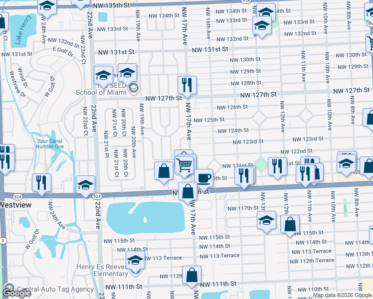 map of restaurants, bars, coffee shops, grocery stores, and more near 12315 Northwest 17th Court in Miami