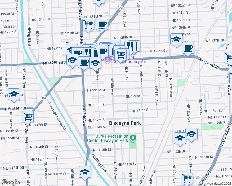 map of restaurants, bars, coffee shops, grocery stores, and more near 797 Northeast 121st Street in North Miami