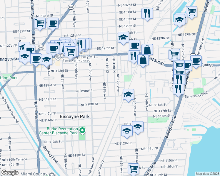 map of restaurants, bars, coffee shops, grocery stores, and more near 1140 Northeast 121st Street in Biscayne Park