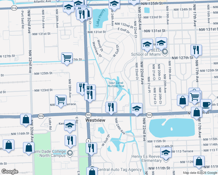 map of restaurants, bars, coffee shops, grocery stores, and more near 12301-12399 West Golf Drive in Miami