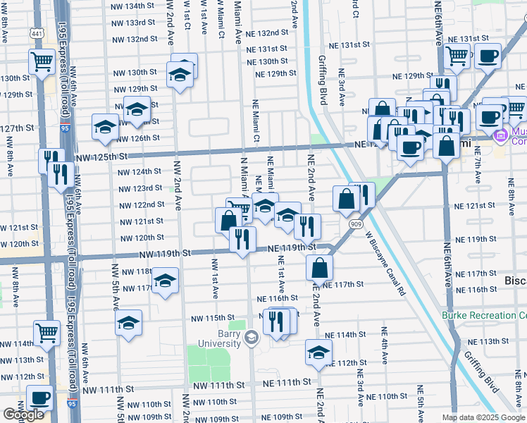 map of restaurants, bars, coffee shops, grocery stores, and more near 12145 Northeast Miami Court in North Miami
