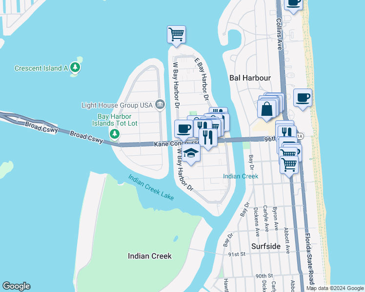 map of restaurants, bars, coffee shops, grocery stores, and more near 1177 Kane Concourse in Bay Harbor Islands