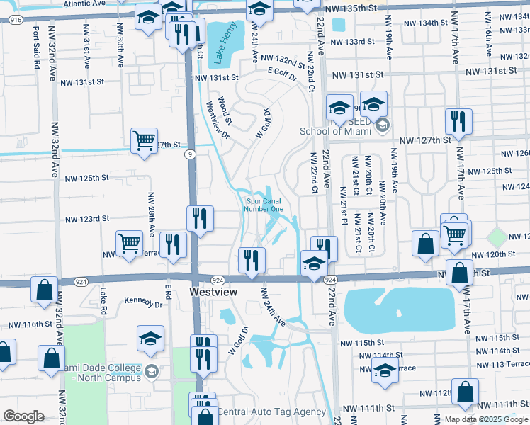 map of restaurants, bars, coffee shops, grocery stores, and more near 12301-12399 West Golf Drive in Miami