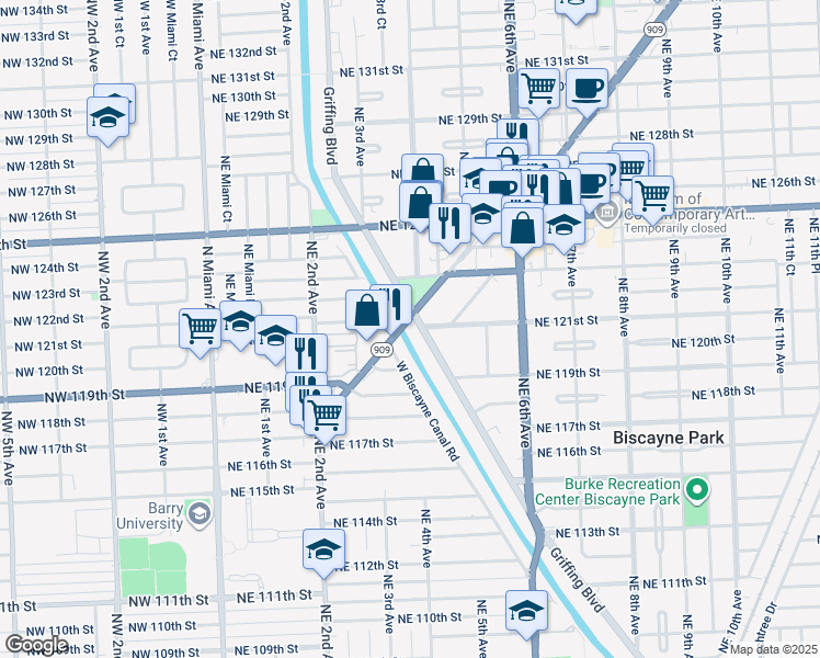 map of restaurants, bars, coffee shops, grocery stores, and more near 12101 Griffing Boulevard in North Miami