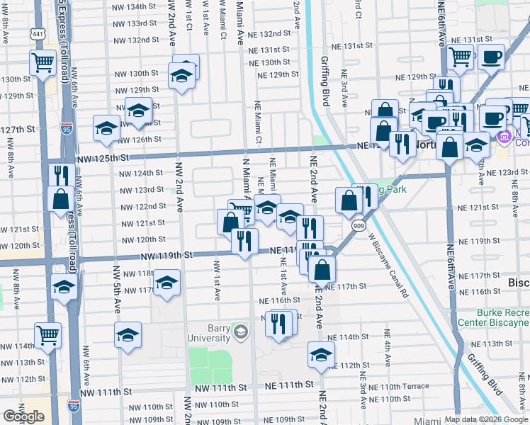 map of restaurants, bars, coffee shops, grocery stores, and more near 12145 Northeast Miami Court in North Miami