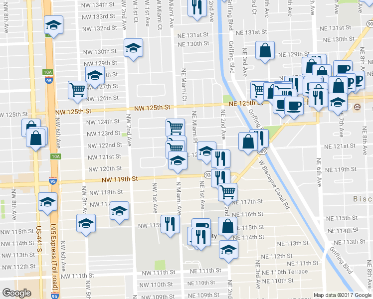 map of restaurants, bars, coffee shops, grocery stores, and more near 12150 Northeast Miami Court in North Miami