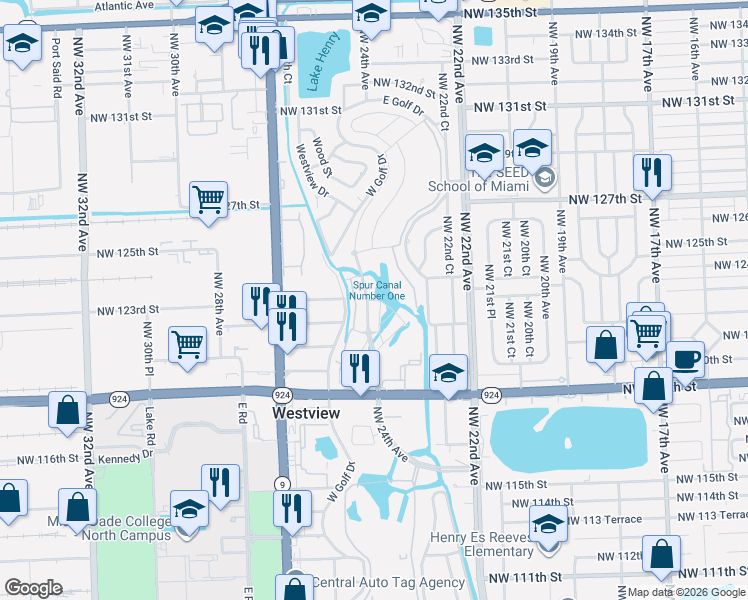 map of restaurants, bars, coffee shops, grocery stores, and more near 12301-12399 West Golf Drive in Miami