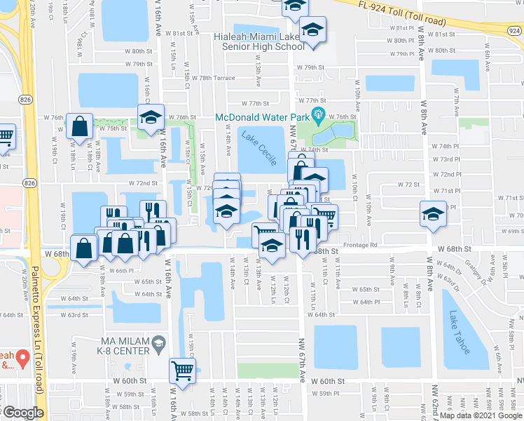 map of restaurants, bars, coffee shops, grocery stores, and more near 7129 West 13th Avenue in Hialeah