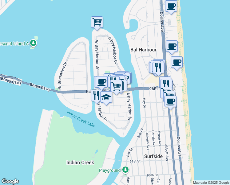 map of restaurants, bars, coffee shops, grocery stores, and more near in Bay Harbor Islands