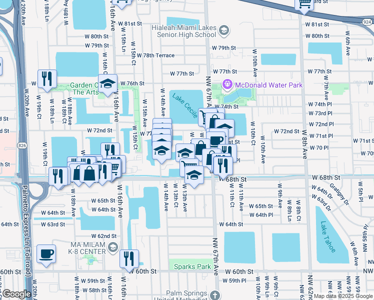 map of restaurants, bars, coffee shops, grocery stores, and more near 7129 West 13th Avenue in Hialeah