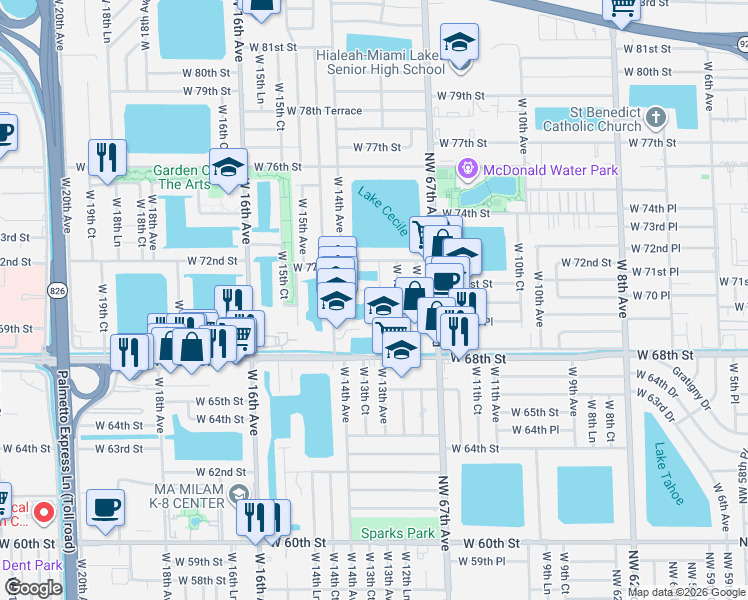 map of restaurants, bars, coffee shops, grocery stores, and more near 7129 West 13th Avenue in Hialeah