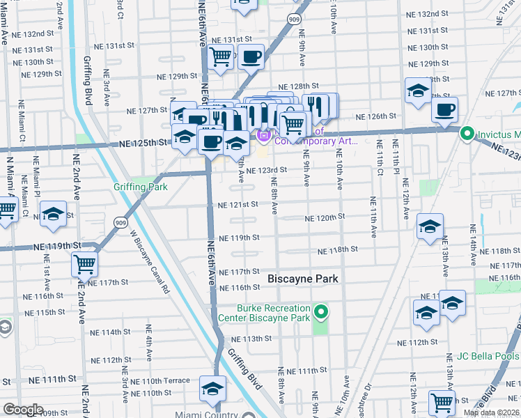 map of restaurants, bars, coffee shops, grocery stores, and more near 797 Northeast 121st Street in North Miami