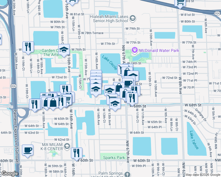 map of restaurants, bars, coffee shops, grocery stores, and more near 7129 West 13th Avenue in Hialeah