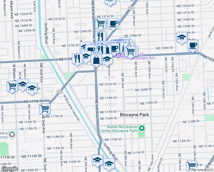 map of restaurants, bars, coffee shops, grocery stores, and more near 721 Northeast 121st Street in North Miami