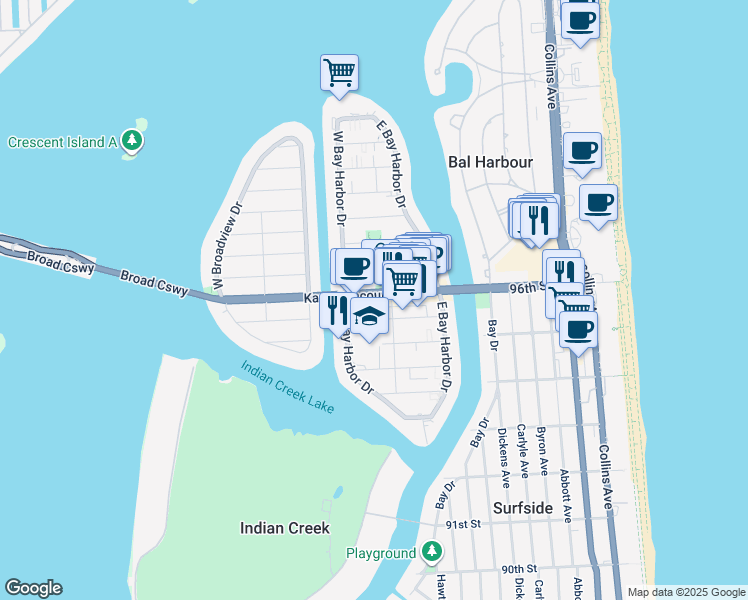 map of restaurants, bars, coffee shops, grocery stores, and more near in Bay Harbor Islands