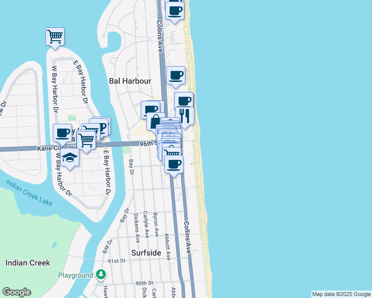 map of restaurants, bars, coffee shops, grocery stores, and more near 9559 Collins Avenue in Surfside