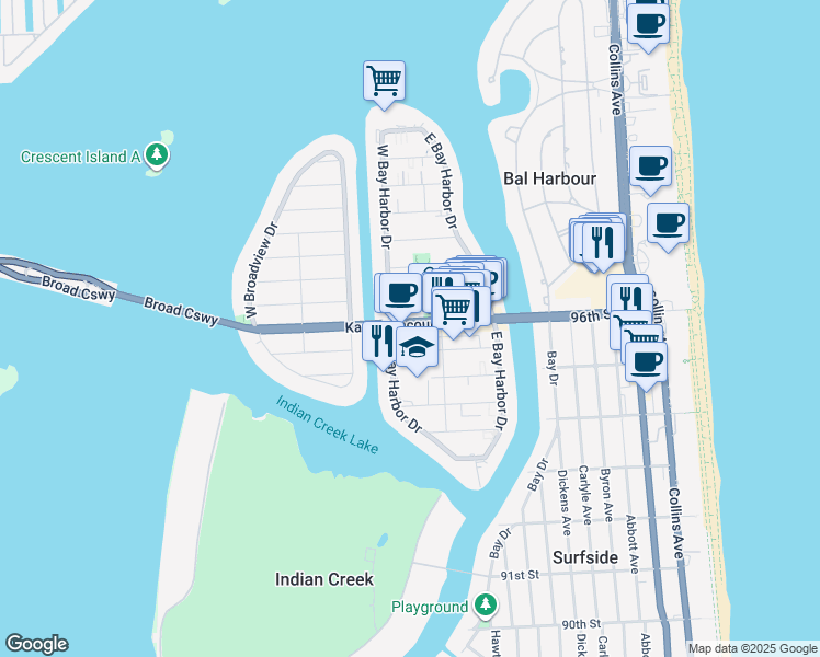map of restaurants, bars, coffee shops, grocery stores, and more near 1177 Kane Concourse in Bay Harbor Islands