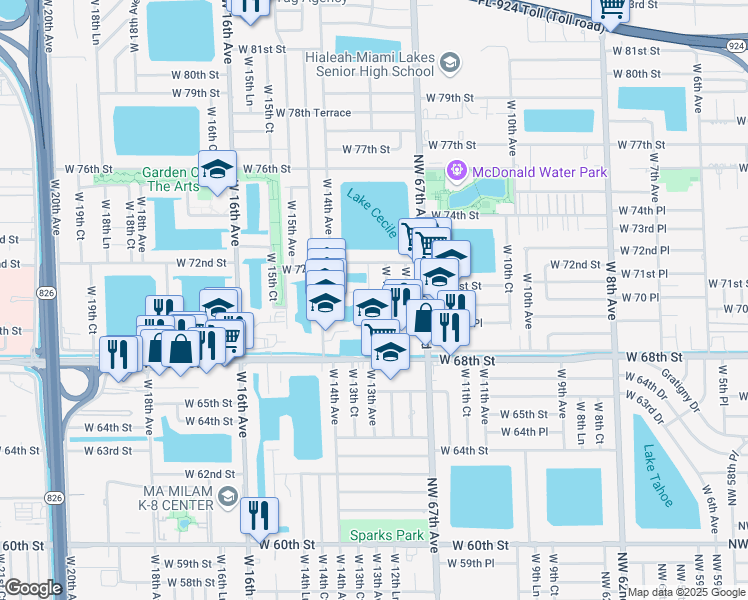 map of restaurants, bars, coffee shops, grocery stores, and more near 7105 West 13th Avenue in Hialeah