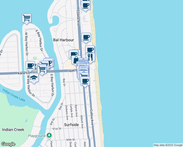 map of restaurants, bars, coffee shops, grocery stores, and more near in Bal Harbour