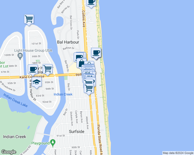 map of restaurants, bars, coffee shops, grocery stores, and more near in Bal Harbour