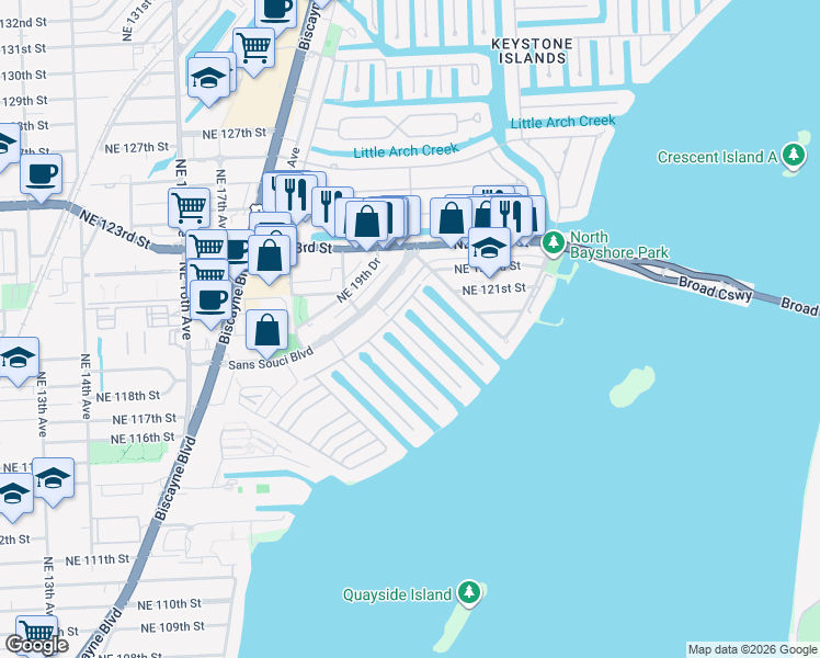 map of restaurants, bars, coffee shops, grocery stores, and more near 2010 Northeast 121st Road in North Miami