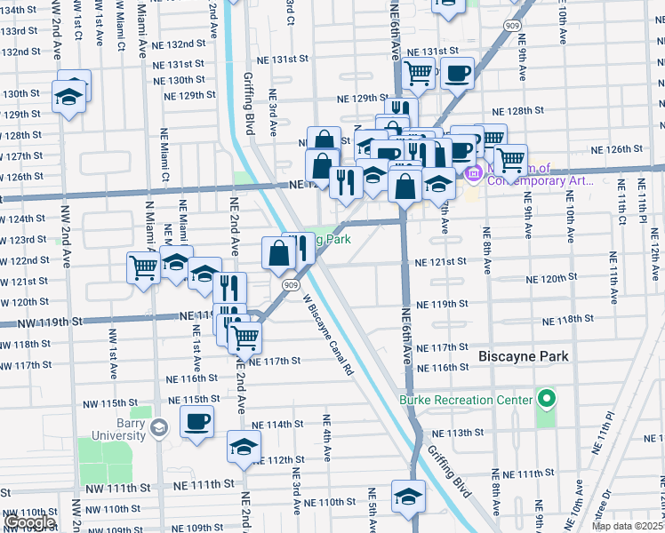map of restaurants, bars, coffee shops, grocery stores, and more near 12101 Griffing Boulevard in North Miami