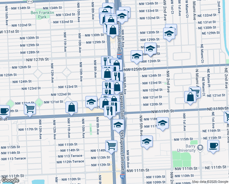 map of restaurants, bars, coffee shops, grocery stores, and more near 650 Northwest 123rd Street in North Miami
