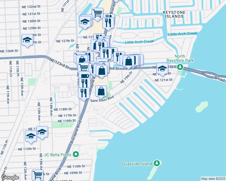 map of restaurants, bars, coffee shops, grocery stores, and more near 11810 Northeast 19th Drive in North Miami