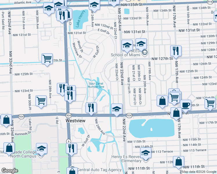 map of restaurants, bars, coffee shops, grocery stores, and more near 12331 Northwest 23rd Avenue in Miami