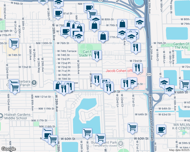 map of restaurants, bars, coffee shops, grocery stores, and more near 2442 West 71st Place in Hialeah