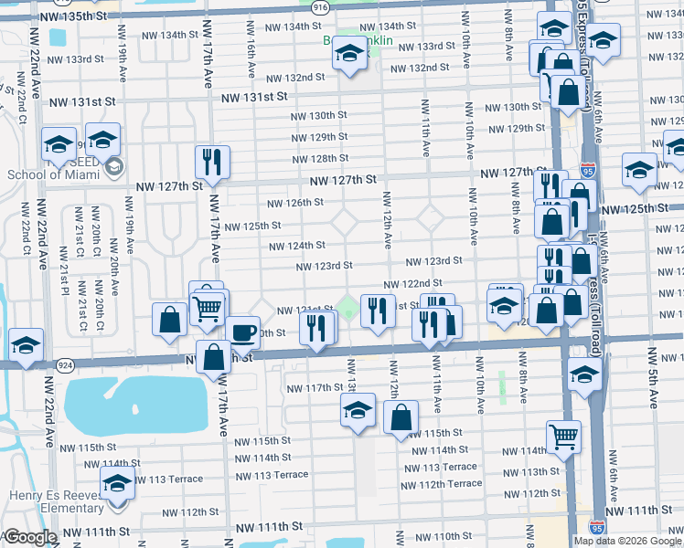 map of restaurants, bars, coffee shops, grocery stores, and more near 1325 Northwest 123rd Street in North Miami