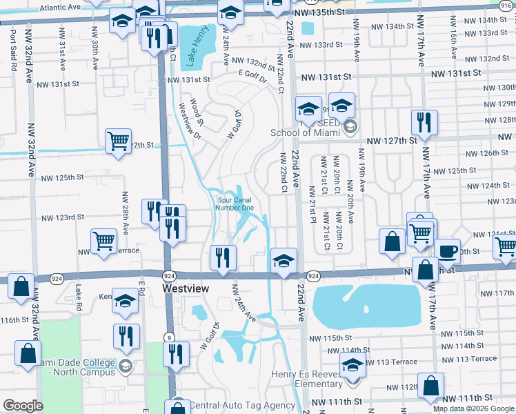 map of restaurants, bars, coffee shops, grocery stores, and more near 12441 East Golf Drive in Miami