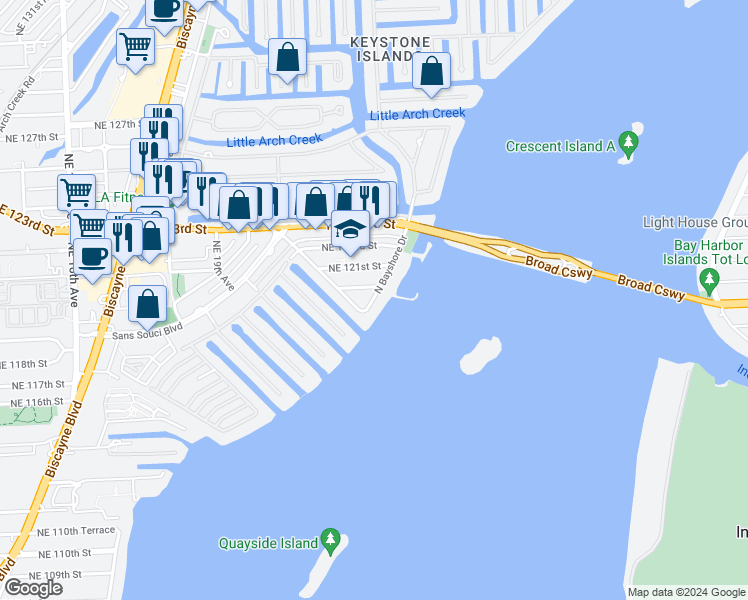 map of restaurants, bars, coffee shops, grocery stores, and more near 2180 Northeast 120th Street in North Miami