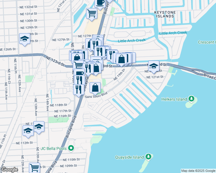 map of restaurants, bars, coffee shops, grocery stores, and more near 18 Northeast 19th Drive in North Miami
